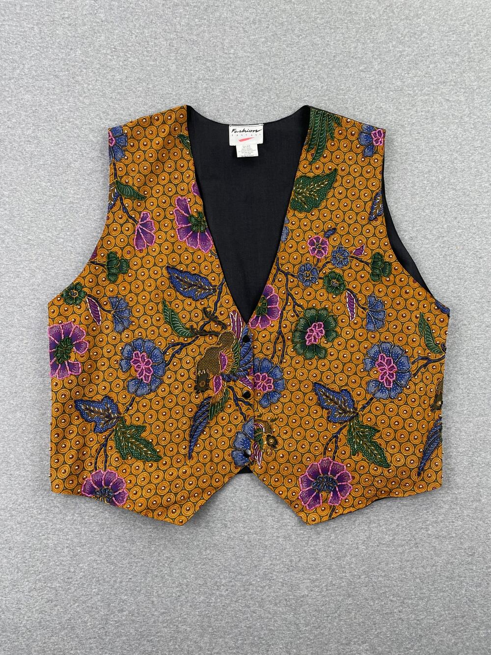 Vintage Fashion Fantasy Beaded Floral Vest Womens XL Yellow Embroidered Bird